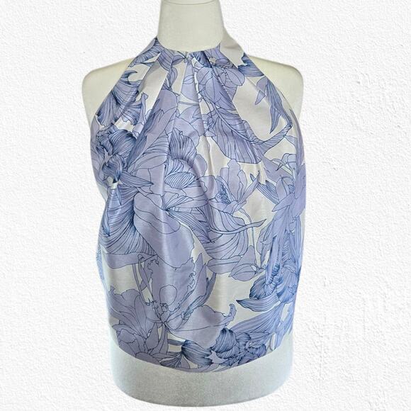 Keepsake Blue White Floral Satin Halter High Neck Backless Blouse Size XS - Picture 1 of 8